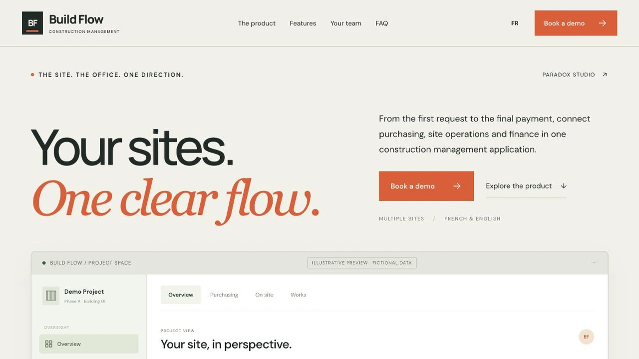 Build Flow homepage: product introduction and an illustrative preview with fictional data